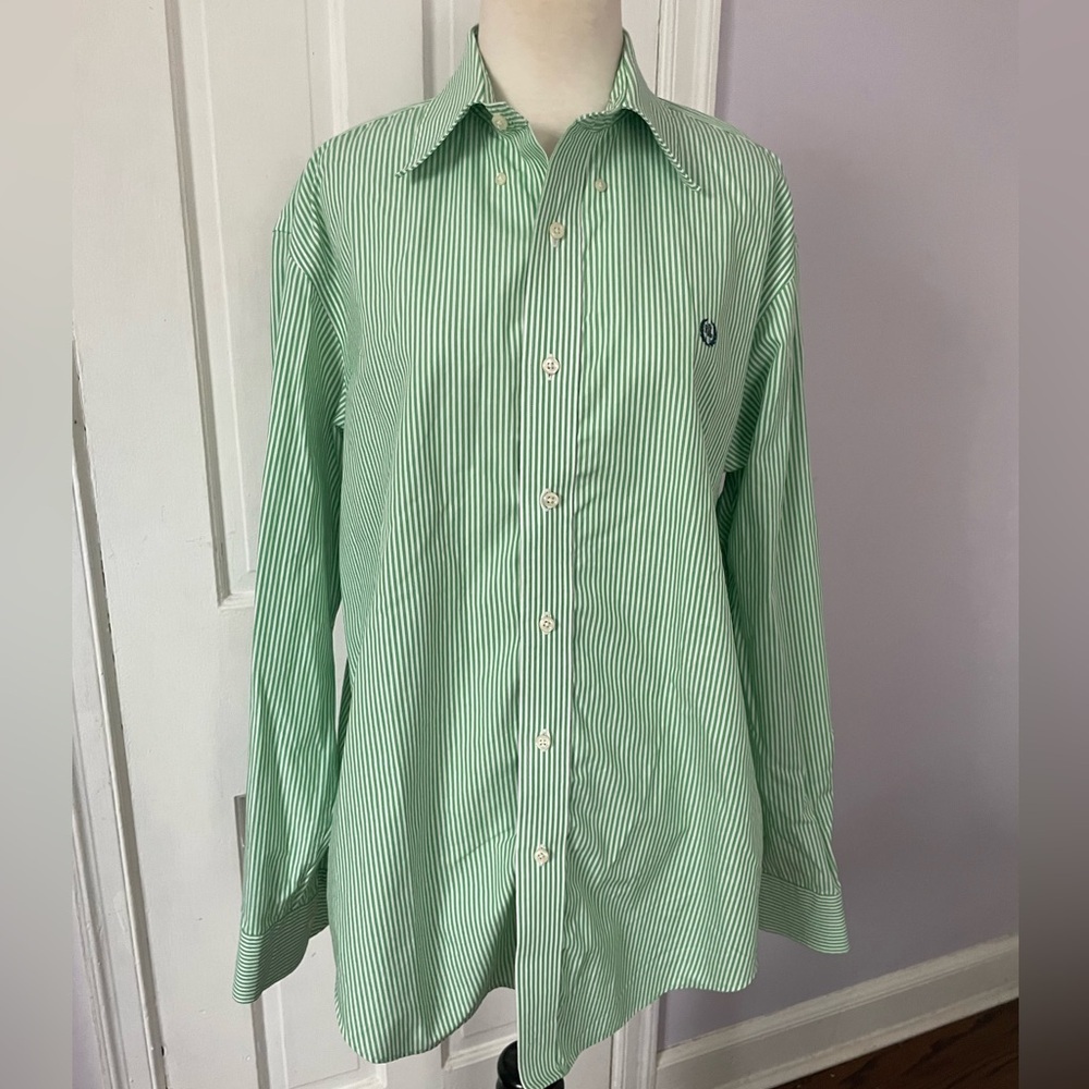 Ralph Lauren Green/White Striped Men's Shirt Classic Fit Non Iron 100% Cotton